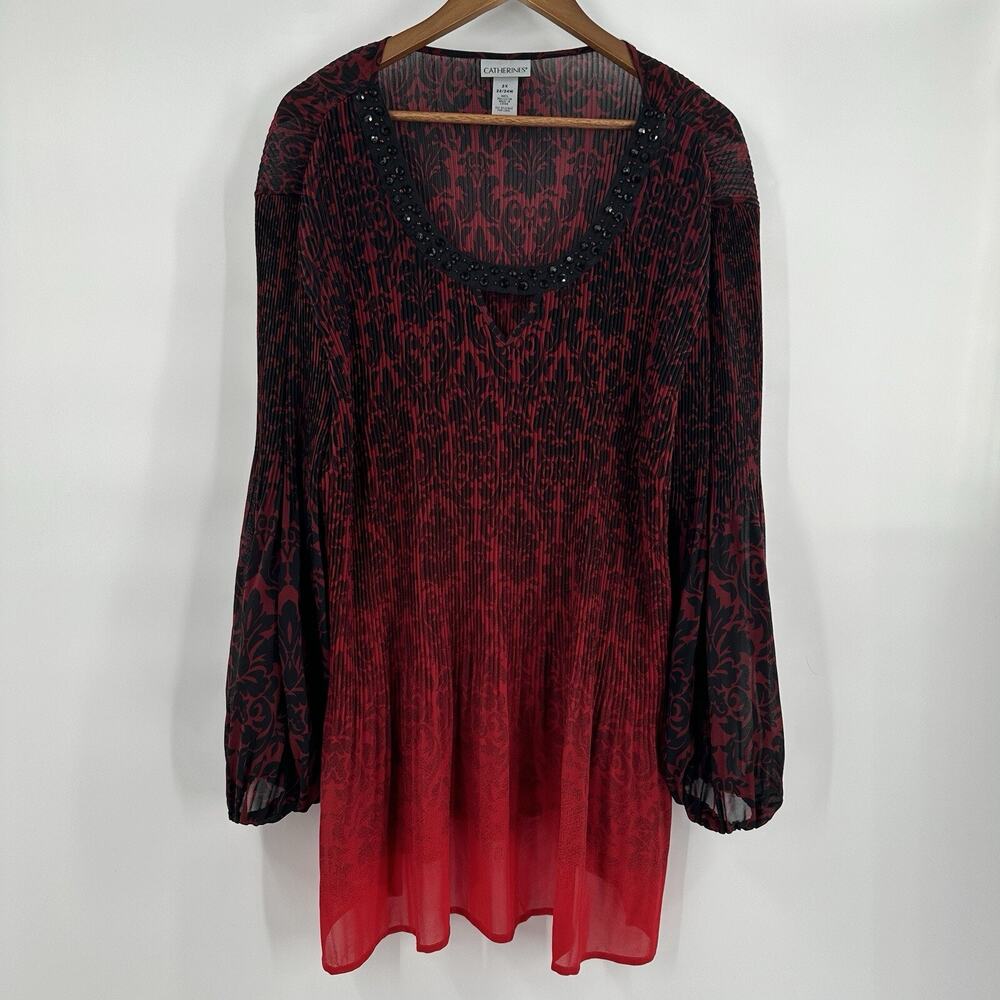 Catherines Top Shirt Womens‎ 2X Red Black Tunic Pleated Flowy Beaded Whimsy Goth
